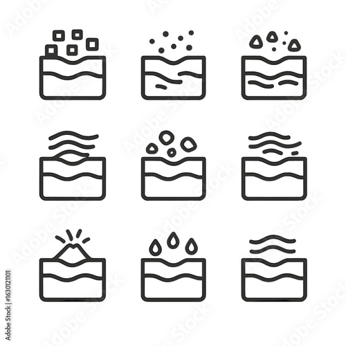 Soil Types Icons. Outline icon set of soil types: clay soil, sandy soil, loamy soil, peat soil, chalky soil, silty soil, volcanic