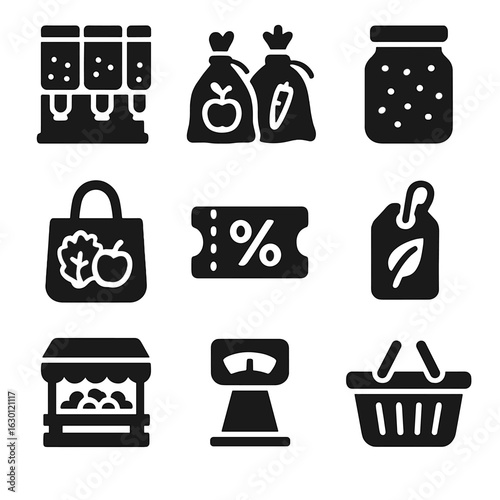 Zero-Waste Shopping Icons. Solid, filled icons set of zero-waste shopping: bulk bins, reusable produce bags,