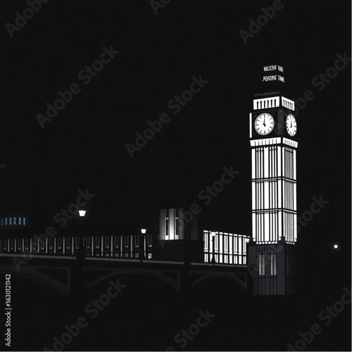 Big Ben with glowing lanterns in London at midnight with glowing lanterns