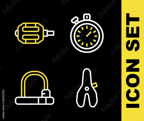 Set line Stopwatch, Bicycle seat, lock and pedal icon. Vector