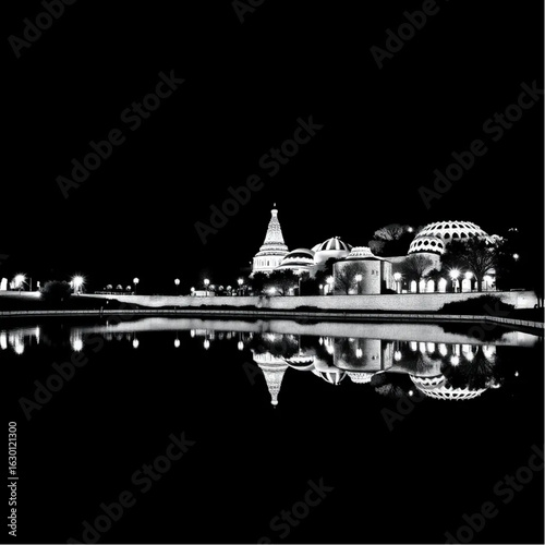 Park Guell reflecting in calm water in Barcelona at midnight with glowing lanterns