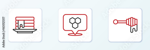 Set line Honey dipper stick with honey, Stack of pancakes and Honeycomb bee location icon. Vector