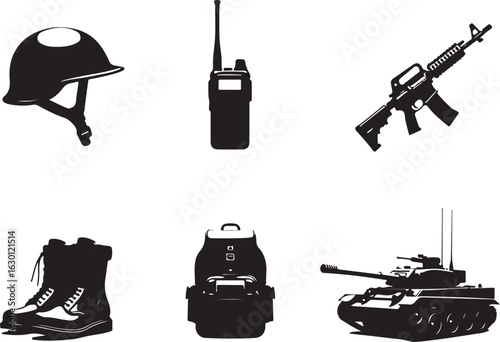 Military gear icons: helmet, radio, rifle, boots, backpack, tank