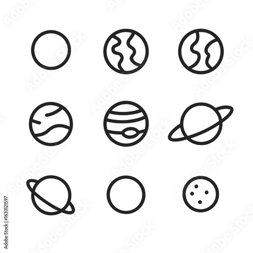 Solar System Icons. Outline icon set of solar system planets: mercury, venus, earth, mars, jupiter, saturn, uranus, neptune, dwarf