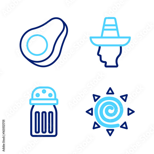 Set line Sun, Salt, Mexican man sombrero and Avocado fruit icon. Vector