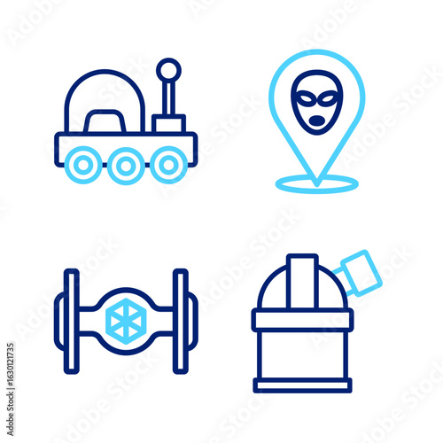 Set line Astronomical observatory, Cosmic ship, Alien and Mars rover icon. Vector