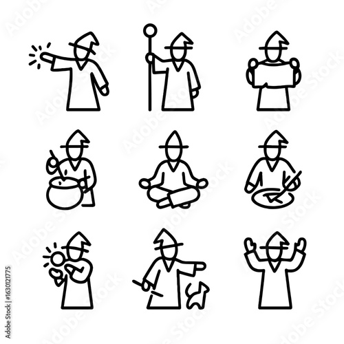 Sorcerer Gesture Icons. Outline icon set of sorcerer gestures: casting spell, raising staff, reading ancient scroll, mixing