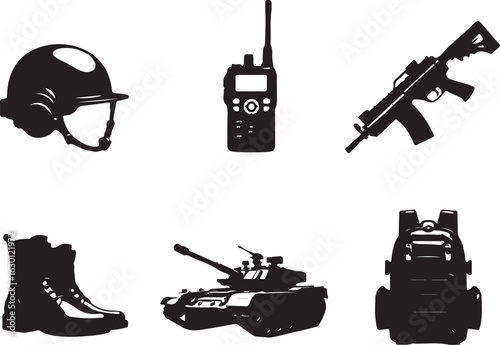Military gear icons: helmet, radio, rifle, boots, tank, backpack