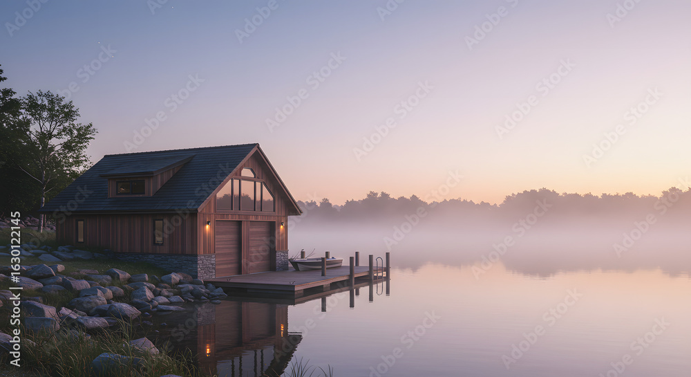 Fototapeta premium A serene boathouse cabin rests on a calm lake at sunrise, with a light fog blanketing the water. High-ranking keywords: 