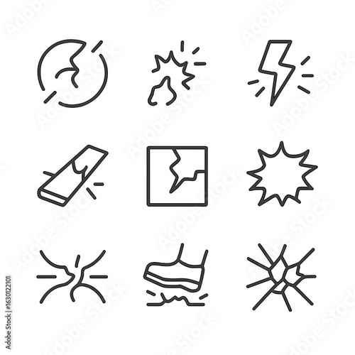 Sound Icon Set. Outline icon set of crack in sound: cracking sound, popping sound, snap, creaking floorboard, breaking noise, loud
