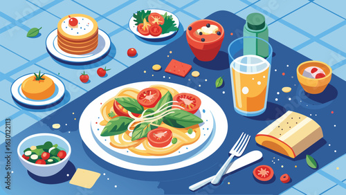 A vibrant table spread with pasta, salad, dessert, and juice on a blue checkered tablecloth design