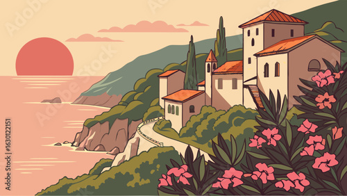 Coastal Village at Sunset Mediterranean Houses Cliffs and Flowers.