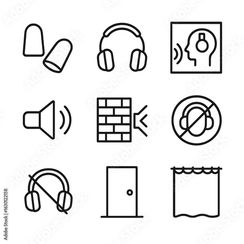 Sound Barrier Icons. Outline icon set of sound barriers: ear plugs, noise canceling headphones, soundproof room, muffled speaker,