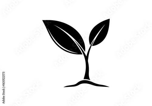 A simple plant sprout icon with two leaves growing from the ground. A minimalist black silhouette vector logo for ecology, nature, and organic concepts.