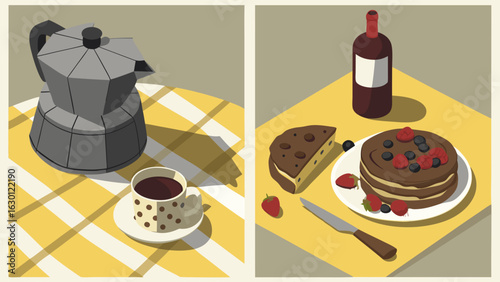 Coffee Cake and Wine A Delicious Isometric Illustration.