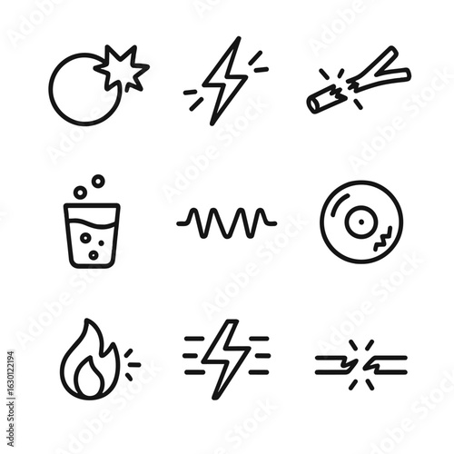 Sound Effect Icons. Outline icon set of crackling sound effects: popping bubble, static electricity, snapping twig, fizzing soda,