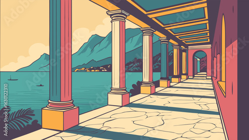 Colorful Architectural Illustration of a Seaside Promenade with Columns.