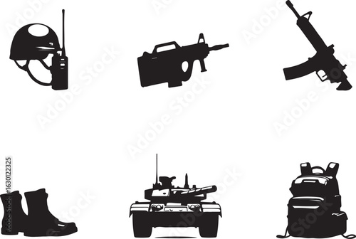 Military gear and equipment silhouettes for tactical design