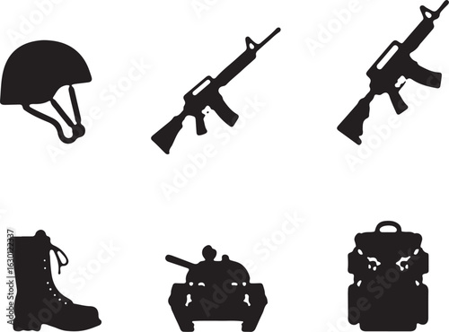 Military icons combat gear helmet rifle boot tank backpack