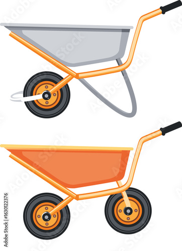Wheelbarrows in Orange and Gray – Construction and Gardening Equipment Vector Illustration