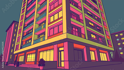 Colorful Multi-Story Apartment Building at Night.