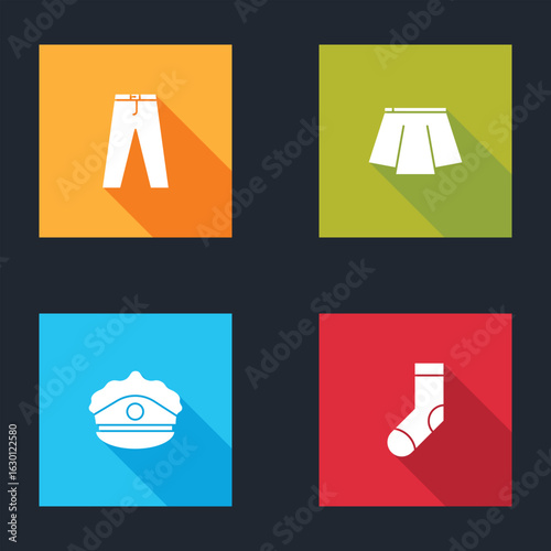 Set Pants, Skirt, Police cap with cockade and Socks icon. Vector