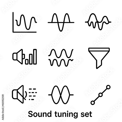 Sound Tuning Icons. Outline icon set of sound tuning: frequency, amplitude, sound wave, decibel, distortion, filter, noise