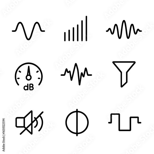 Sound Tuning Icons. Outline icon set of sound tuning: frequency, amplitude, sound wave, decibel, distortion, filter, noise