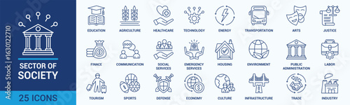 Sector of society icon set. Containing agriculture, education, healthcare, energy, technology, transportation, arts, justice and more. Outline vector icons collection.