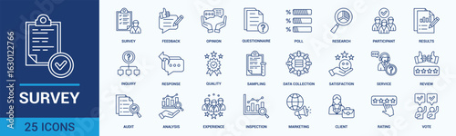 Survey icon set. Containing feedback, opinion, questionnaire, poll, research, data collection, review and satisfaction icons. Outline icon collection. Vector illustration.