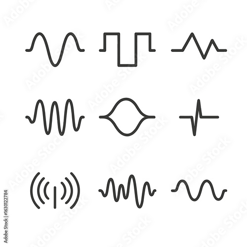 Sound Wave Icons. Outline icon set of sound waves: sine wave, square wave, triangle wave, frequency modulation, amplitude