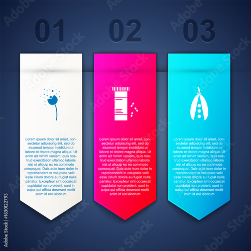 Set Flower producing pollen, Medicine bottle and pills and Kidney beans. Business infographic template. Vector
