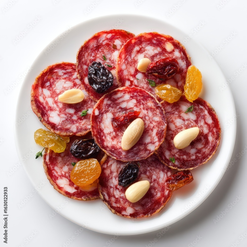 Obraz premium Delicious Salami Slices with Dried Fruits and Almonds on a Plate Gourmet Appetizer