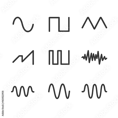 Soundwave Icon Set. Outline icon set of soundwave types: sine wave, square wave, triangle wave, sawtooth wave, pulse wave, noise