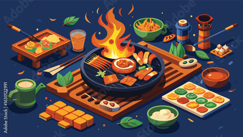 Isometric barbecue scene with various foods grilling and prepared on a dark blue background
