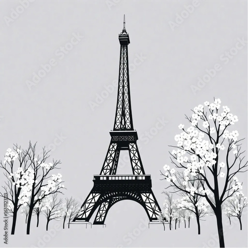 Eiffel Tower illuminated in Paris under fresh spring blossoms