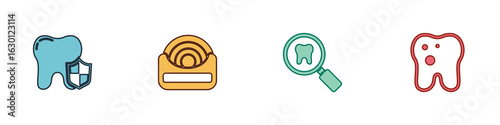 Set Dental protection, floss, search and Tooth with caries icon. Vector