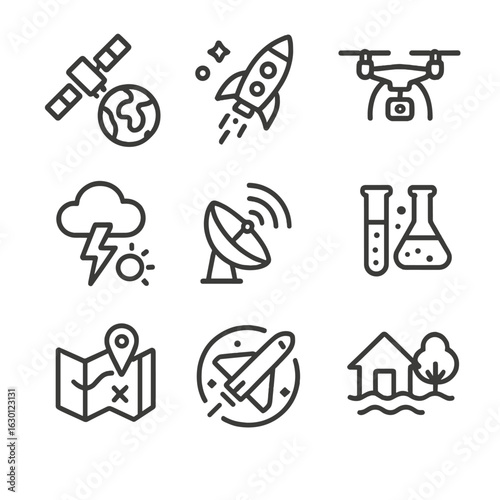 Space Application Icons. Outline icon set of payload applications: Earth observation, space exploration, military surveillance,