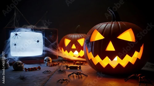Glowing Halloween Pumpkins and Spiders with Vintage Television with Skull Decorations on Table in Dark Room Creates a Festive and Spooky Atmosphere