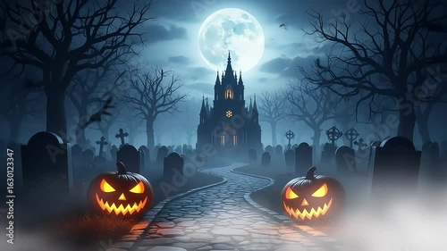 Glowing Jack O Lanterns in a Spooky Graveyard at Night Under a Full Moon with a Gothic Castle in Background for Halloween Theme