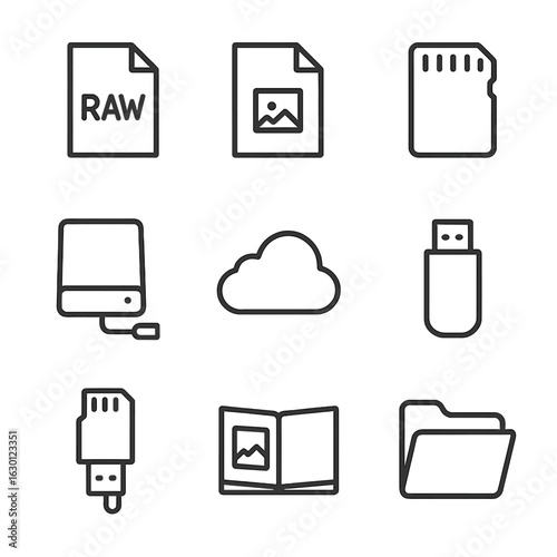 Image Format Icons. Outline icon set of image formats and storage: RAW file, JPEG file, memory card, external hard drive, cloud