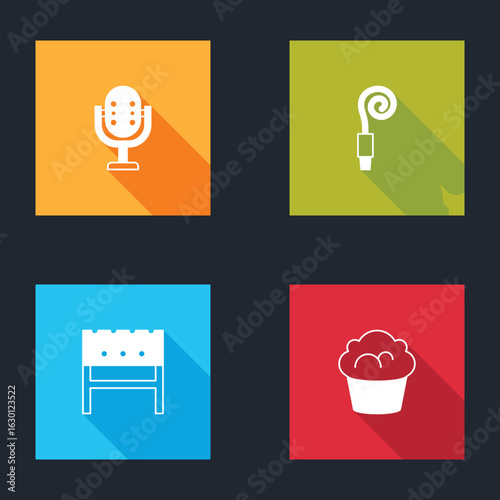 Set Microphone, Birthday party horn, BBQ brazier and Muffin icon. Vector