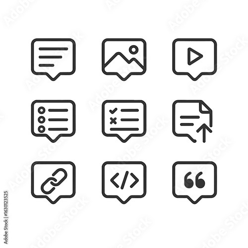 Forum Icons Grid. Outline icon set of forum content types: text post, image attachment, video post, poll, survey, document upload,