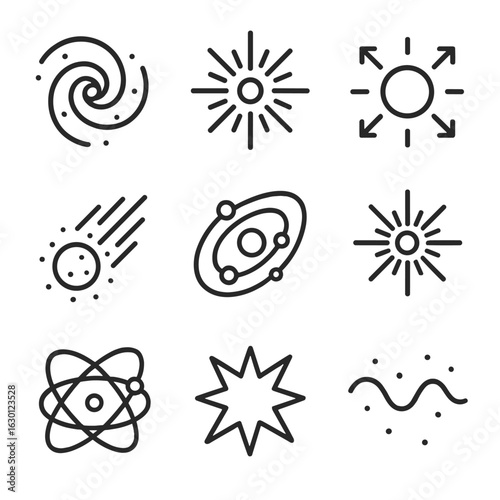 Space Expansion Icons. Outline icon set of expansion in space: expanding galaxy, supernova burst, growing planet, spreading comet