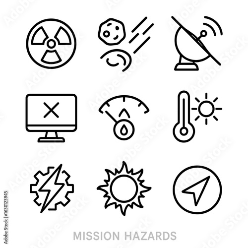 Space Mission Hazard Icons. Outline icon set of mission hazards: radiation, micrometeoroids, communication blackout, system