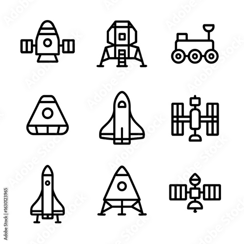 Space Mission Icons. Outline icon set of space mission vehicles: spacecraft, lunar module, rover, space capsule, shuttle, space