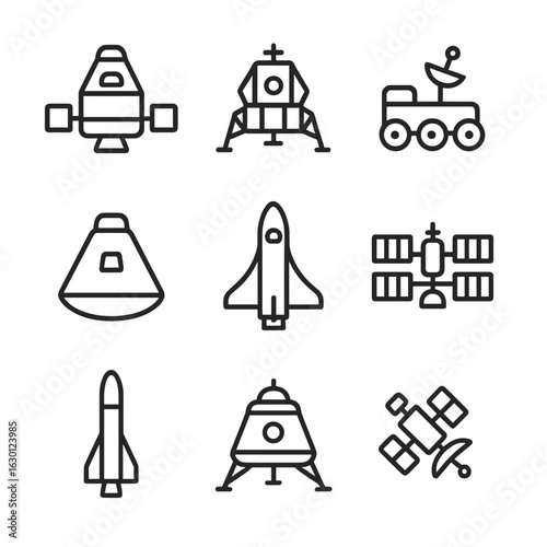 Space Mission Icons. Outline icon set of space mission vehicles: spacecraft, lunar module, rover, space capsule, shuttle, space