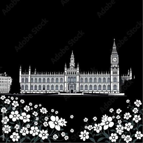Palace of Westminster surrounded by blooming flowers in London during a vibrant festival night
