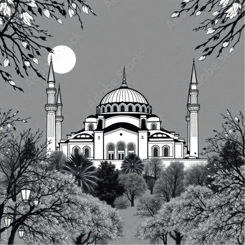 Hagia Sophia amid autumn leaves in Istanbul at midnight with glowing lanterns