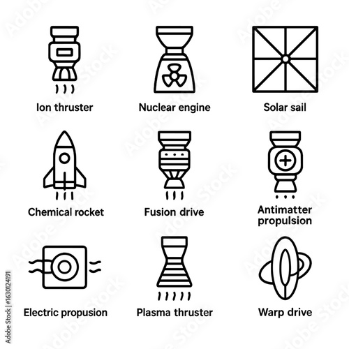Space Propulsion Icons. Outline icon set of deep space propulsion: ion thruster, nuclear engine, solar sail, chemical rocket,